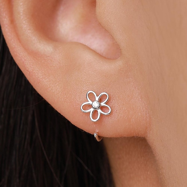 Forget Me Not Flower Open Huggie Hoop Earrings in Sterling Silver
