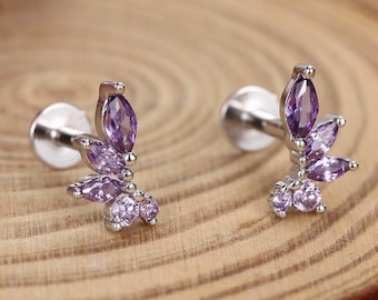 Sterling Silver Purple CZ Marquise Cluster 16G Flat Back Earrings