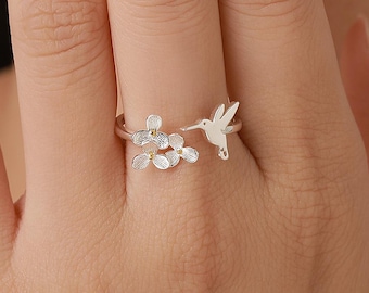 Sterling Silver Hummingbird and Flower Open Ring
