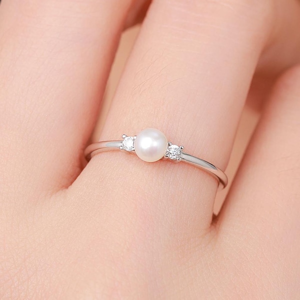 Genuine Freshwater Pearl and CZ  Ring in Sterling Silver, Natural Pearl Ring, Real Pearl Ring in US 5 - 8