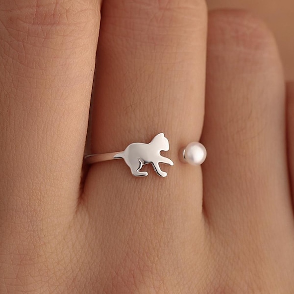 Sterling Silver Cat Playing with Ball Ring with Natural Button Shaped Pearls, Adjustable Sized Ring, Open Ring, Stacking Rings