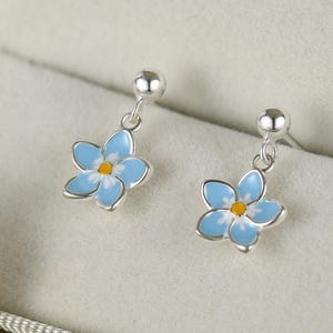 Dainty Forget-me-not Enamel Drop Stud Earrings in Sterling Silver,  Flower Earrings, Blue Blossom Earrings, Forget me not earrings