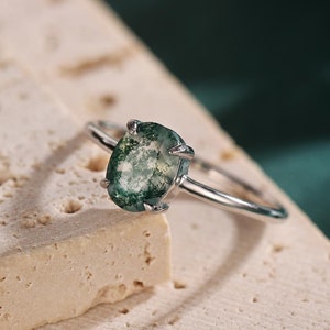 Oval Cut Moss Agate Classic Single Stone Engagement Ring in Sterling Silver,  US Size 4-8, Natural Moss Agate Ring, Genuine Moss Agate Ring