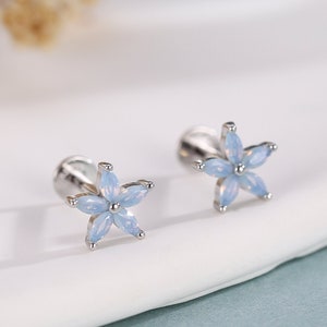 Opal Blue CZ Flower Internally Threaded Flat Back/ Screw Back/ Stud Earrings in Sterling Silver, Silver or Gold,  Forget Me Not Flower Stud