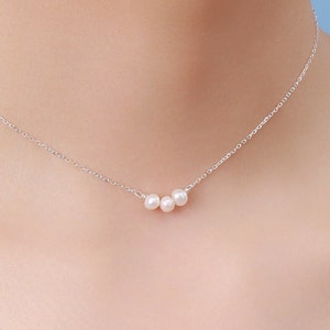 Genuine Pearl Trio Choker Necklace in Sterling Silver, Genuine Freshwater Pearls, Natural Keshi Pearl Necklace, Three Pearl Necklace