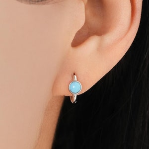 Turquoise Huggie Hoop Earrings in Sterling Silver, Silver or Gold, Tiny Turquoise Hoops, Genuine Turquoise Hoops, Blue Turquoise Hoops