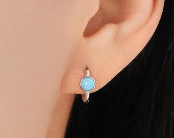 Turquoise Huggie Hoop Earrings in Sterling Silver, Silver or Gold, Tiny Turquoise Hoops, Genuine Turquoise Hoops, Blue Turquoise Hoops
