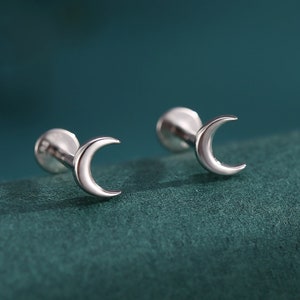 Internally Threaded Flat Back Tiny Moon Earrings in Sterling Silver, Silver or Gold or Rose Gold, Also available in Ball Screw Back Earrings