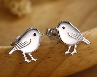Pendientes de pájaro carbonero en plata de ley, plata, oro u oro rosa. Bonitos pendientes de pájaro pulidos, con animales inspirados en la naturaleza.