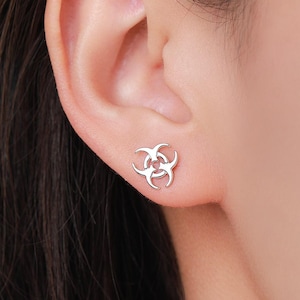 Tiny Biohazard Stud Earrings in Sterling Silver,  Silver, Gold or Rose Gold, Small Halloween Earrings