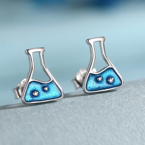 Sterling Silver Chemistry Flask Stud Earrings, Available in Silver, Gold or Rose Gold Finish, Cute Fun Quirky, Science Inspired