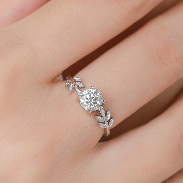 1 Carat Moissanite Stone and Leaf Ring in Sterling Silver, Adjustable Size, Botanical Jewellery