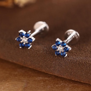 Tiny Sapphire Blue CZ Flower Internally Threaded Flat Back /Screw Back/ Stud Earrings in Sterling Silver, Silver or Gold or Rose Gold