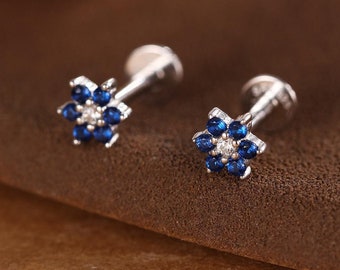 Tiny Sapphire Blue CZ Flower Internally Threaded Flat Back /screw - Main Image