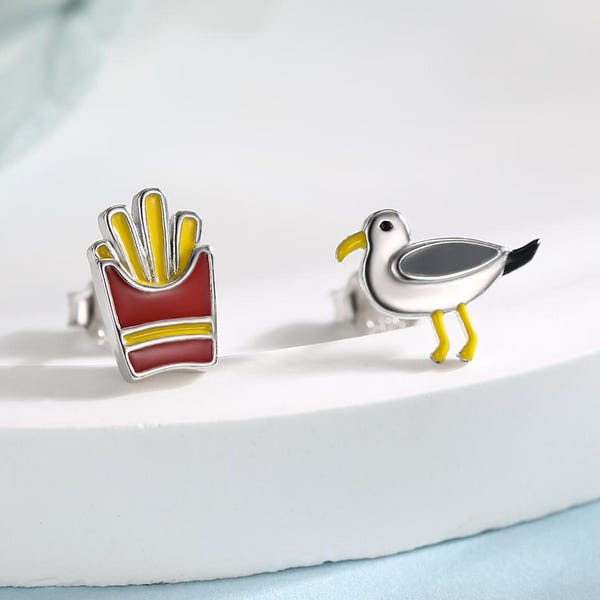 Quirky Mismatched Seagull and French Fries Stud Earrings in Sterling Silver, Enamel Coated Chips and Seagull Earrings, Bird Earrings