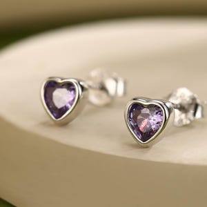 Tiny Amethyst Purple CZ Heart Stud Earrings in Sterling Silver, Silver or Gold, Purple Crystal Heart Earrings, Stacking Earrings