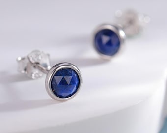May include: A pair of silver stud earrings with a round blue gemstone in the center of each earring.