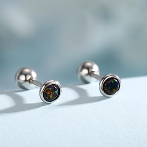 Orecchini a vite con opale nero da 3 mm in argento sterling, piccolo perno in opale, orecchini a vite con opale nero Comics, opale di fuoco