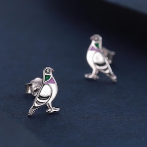 Tiny Sterling Silver Pigeon Bird Stud Earrings,  Enamel Coated Pigeon  Bird Earrings, Nature Inspired Animal Earrings