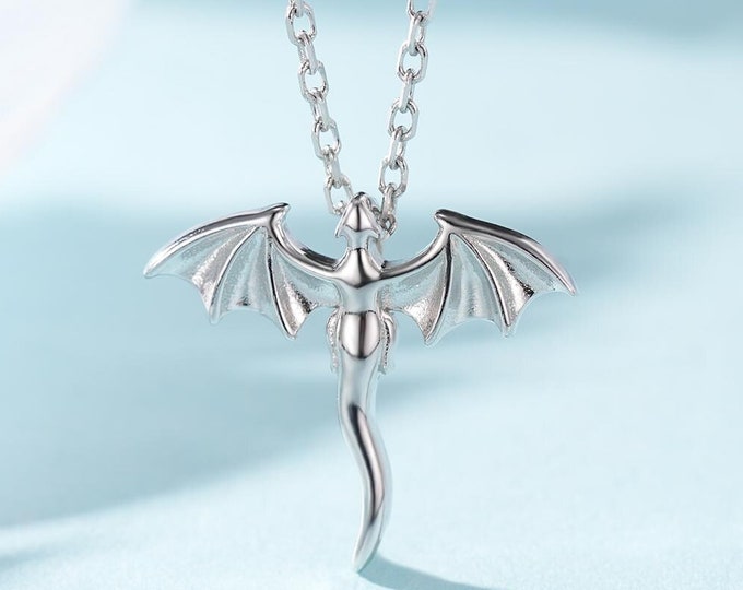 Tiny Dragon Pendant Necklace in Sterling Silver, Silver or Gold or Rose Gold, Flying Dragon Necklace,  Small Dragon Pendant