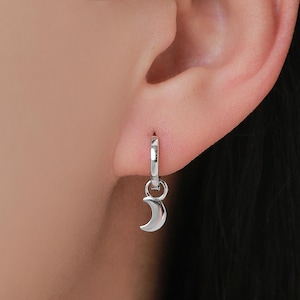 Aros de plata de ley con dije de luna creciente, aros con dijes desmontables, pendientes celestiales en plata, oro y oro rosa.