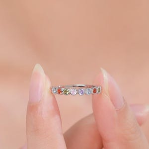 Multicolour CZ Infinity Ring in Sterling Silver, Silver or Gold, Dotted Bezel CZ Ring, Simulated Tourmaline US 5 - 8