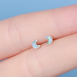 Extra Tiny Opal Moon Stud Earrings in Sterling Silver - Blue Opal or White Opal - Gold or Silver - New Moon Earrings - Petite Stud Earrings