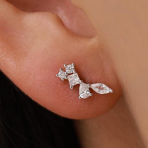 Clear CZ Cluster Stud Earrings in Sterling Silver, Silver or Gold, Geometric Marquise Cluster Earrings, CZ Wing Earrings, Mini Crawler