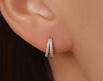 Sterling Silver Double Row CZ Huggie Earrings