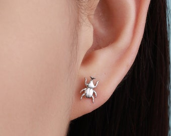 Tiny Little Stag Beetle Stud Earrings in Sterling Silver, Silver or Gold, Beetle Earrings, Bugs Earrings, Bugs Stud