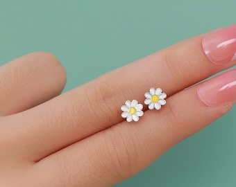 Enamel Daisy Flower Stud Earrings in Sterling Silver, Daisy Flower Earrings,  Tiny Flower Earrings