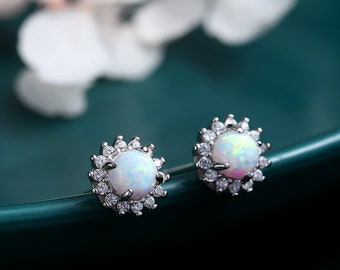 Opal CZ Halo Stud Earrings in Sterling Silver, Silver or Gold, Lab Opal and CZ Earrings, Opal Earrings