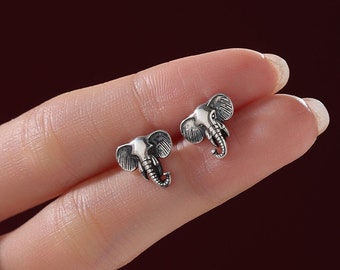 Cute Elephant Stud Earrings in Sterling Silver, Oxidised Finish, Cute Dainty Animal Stud, Elephant Earrings, Elephant Head Earrings