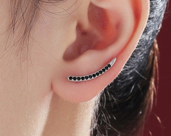 Boucles d'oreilles sur chenilles CZ noires en argent sterling, argent ou or, chenilles à pois, chenilles en cristal noir, chenilles minimalistes