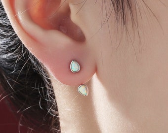 Veste d’oreille White Opal Droplet en argent sterling, argent ou or, boucles d’oreilles White Opal Pear Bezel, boucles d’oreilles avant et arrière
