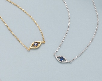 Collar de ojo malvado en plata de ley, plata u oro, collar de ojo malvado con mano de Fátima, collar de ojo de circonita azul zafiro