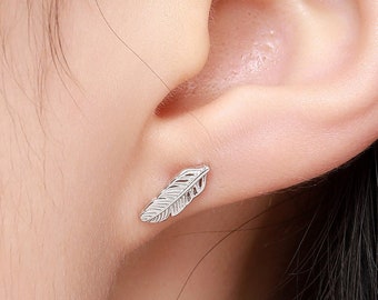 Dainty Feather Stud Earrings in Sterling Silver, Silver or Gold or Rose Gold, Tiny Silver Feather Earrings