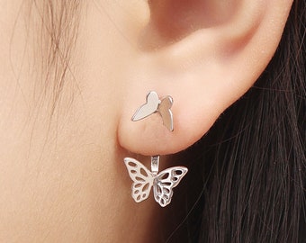 Veste d'oreille papillon en argent sterling, argent, or ou or rose, boucles d'oreilles papillon, boucles d'oreilles veste papillon, boucles d'oreilles avant et arrière