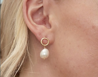 Circle with Dangling Baroque Pearl Drop Stud Earrings in Sterling Silver, Keshi Pearl Earrings, Gold or Silver, Genuine Pearls