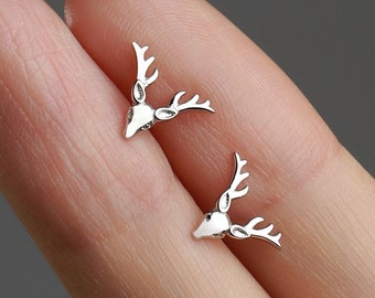 Small Stag Head Stud Earrings in Sterling Silver, Silver, Gold or Rose Gold, Stag Deer Earrings, Animal Earrings, Small Animal Earrings
