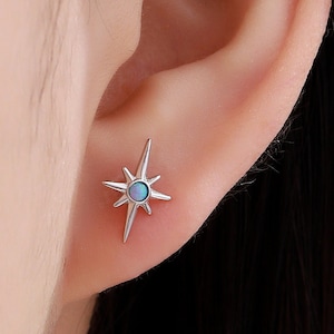 Opal Starburst Stud Earrings in Sterling Silver, North Star Earrings with Blue Opal, Silver or Gold, Sunburst Earrings