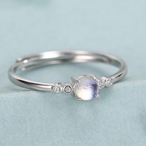 Tiny Moonstone Ring in Sterling Silver, Adjustable Size, 4mm Moonstone Ring, Prong Set, Lab Moonstone Ring, Delicate Stacking Ring,
