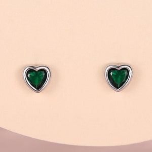 Tiny Emerald Green CZ Heart Stud Earrings in Sterling Silver
