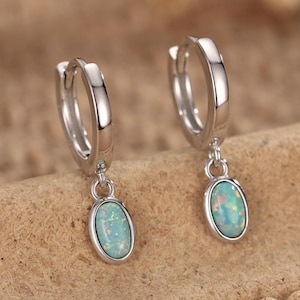 Sterling Silver Dangling Oval  Aqua Green Opal Hoop Earrings