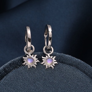 Sun Dangle Huggie Hoop Earrings in Sterling Silver with Simulated Moonstone, Silver or Gold,  Sun Earrings, Celestial Earrings, Detachable