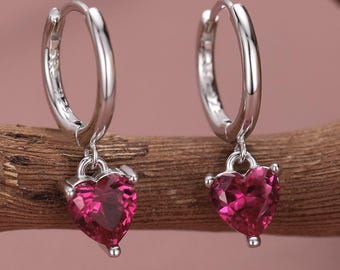 Ruby Red Heart CZ Huggie Hoop in Sterling Silver
