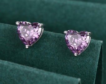 Sterling Silver Purple Heart CZ Stud Earrings