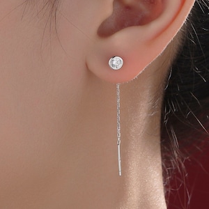 Delicate 4mm Bezel  CZ Crystal Threader Earrings in Sterling Silver, Silver or Gold, Minimalist Pear Cut Crystal Ear Threaders