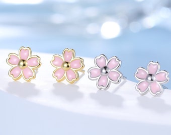 Enamel Cherry Blossom Stud Earrings in Sterling Silver, Pink Cherry Blossom Flower Earrings
