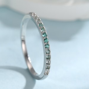 Emerald Green Ombre Half Eternity Ring in Sterling Silver, Silver or Gold, Green CZ Skinny Ring, Minimalist Stacking Ring US 5 - 8